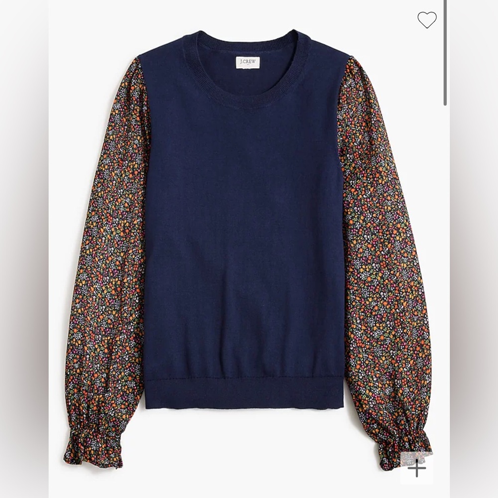 J.Crew Floral Chiffon Sleeve Cotton Sweater Navy Blue Mixed Media Online Exclusi
